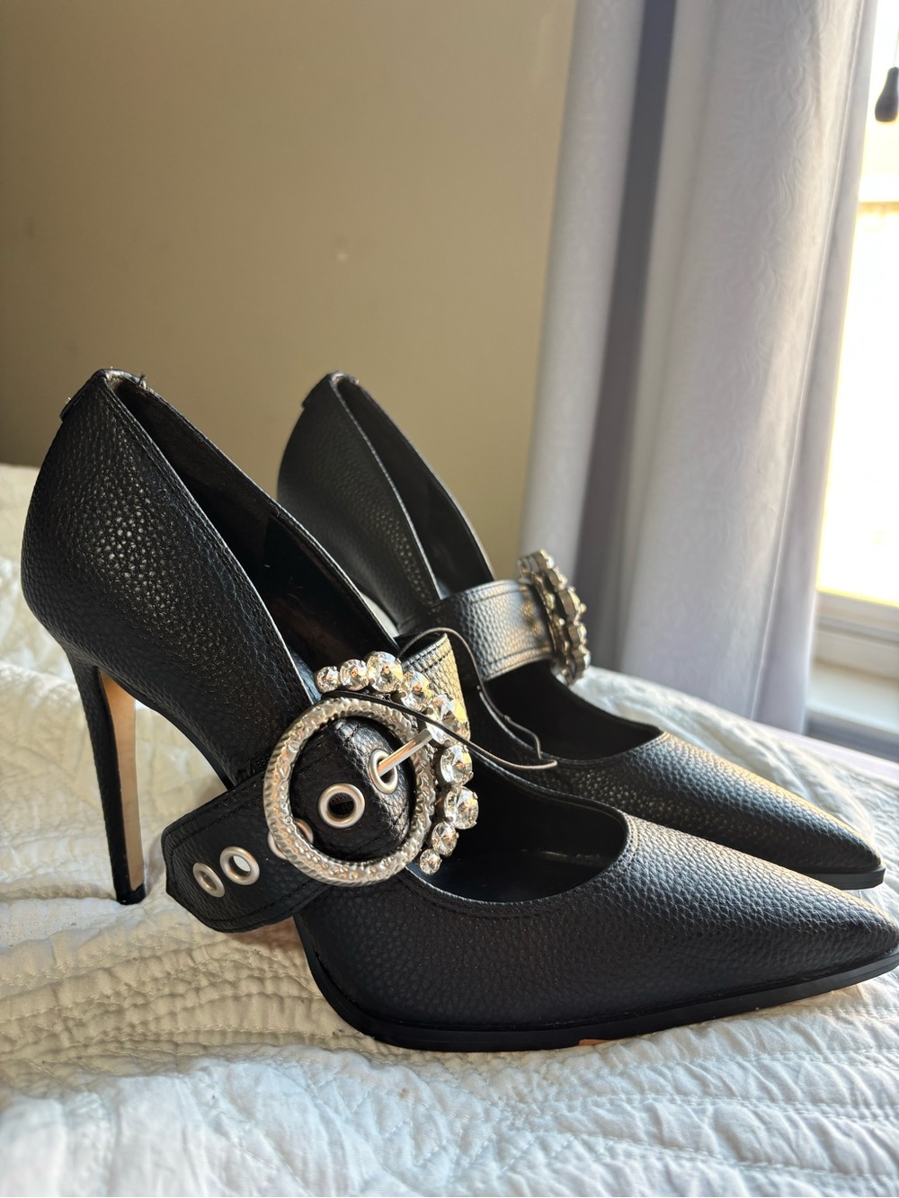 Karl Lagerfeld Black Pointed Leather Stiletto Pumps with Crystal Buckle